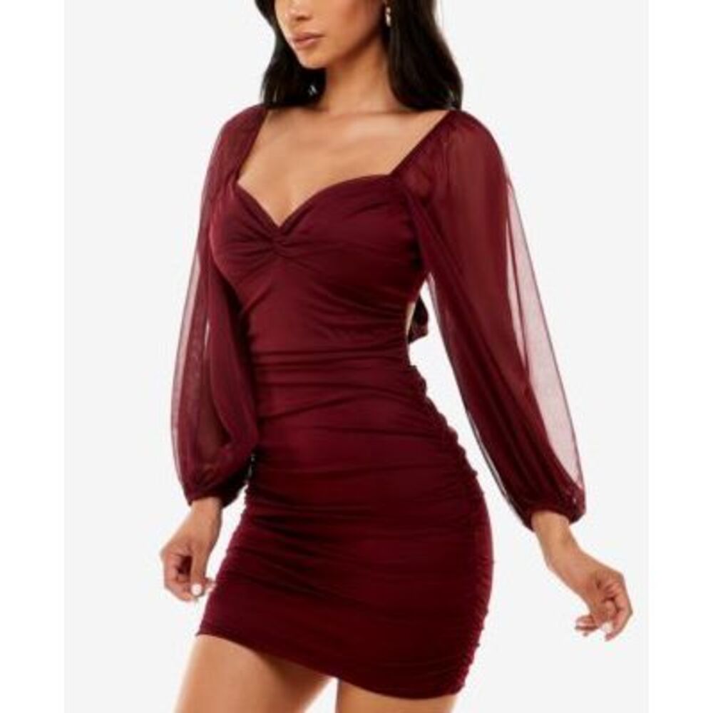B DARLIN Womens Short Dress Burgundy Twist Front Long Sleeve Tie Back Juniors S - Picture 4 of 4